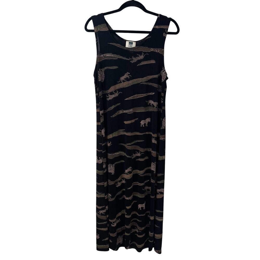 Vtg 90s Sleeveless Black Novelty Print Dress Cheetahs Dark Y2K Whimsigoth Size L